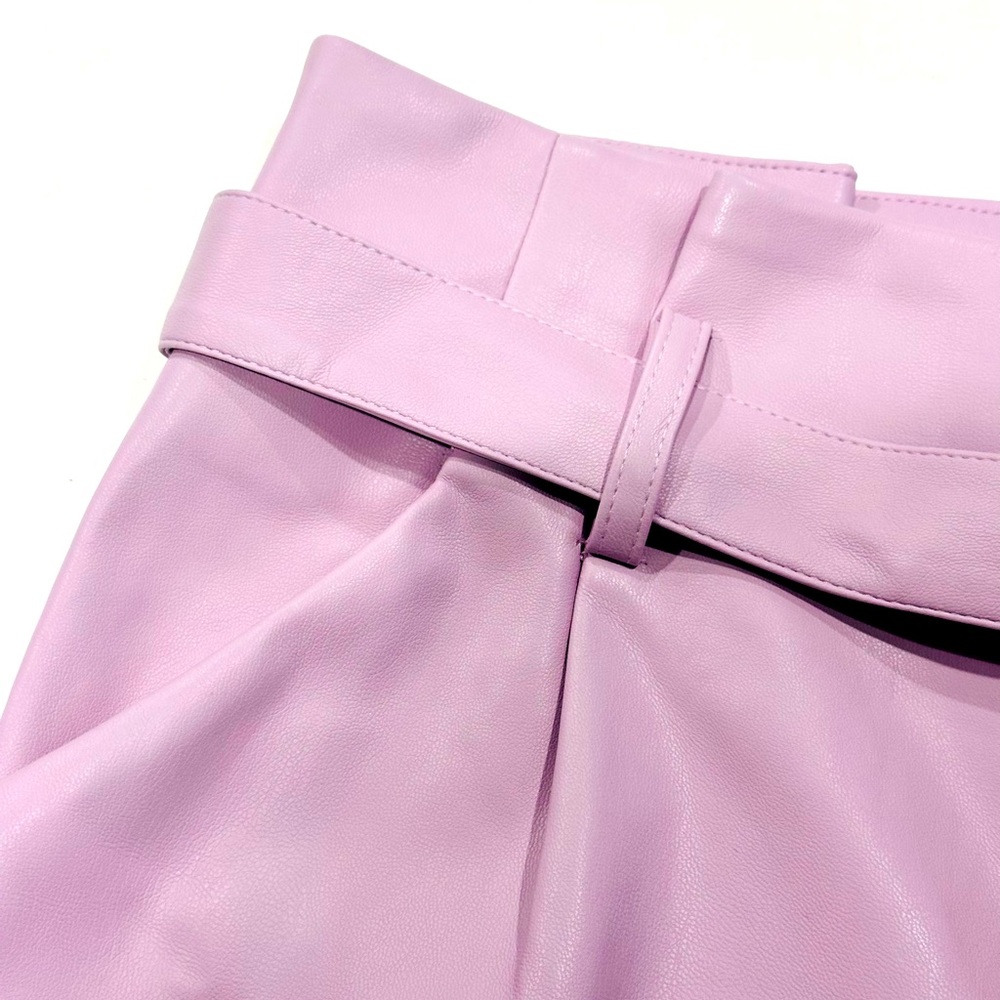 High-Waisted Pink Faux Leather Tapered Pants with Belt - Picture 9 of 9